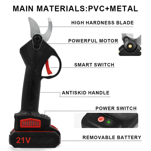 Sécateur Électrique Sans Fil 1200W 25mm - Coupe Puissante Pour Arbres Fruitiers