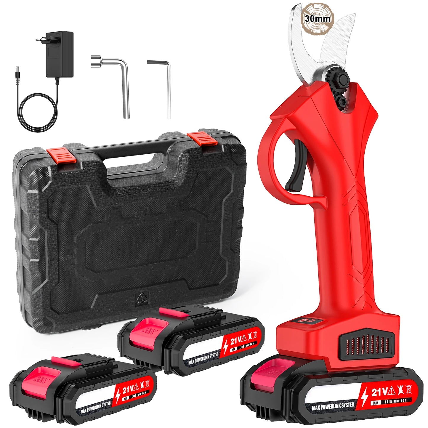 Sécateur Électrique Sans Fil 1200W 25mm - Coupe Puissante Pour Arbres Fruitiers Rouge 2 batteries 1 Chargeur Espagne