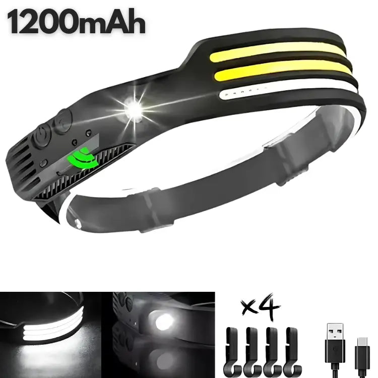 COB LED | Lampe frontale à capteur LED rechargeable 3 LEDs Blanches avec 4 crochets (1200mAh)