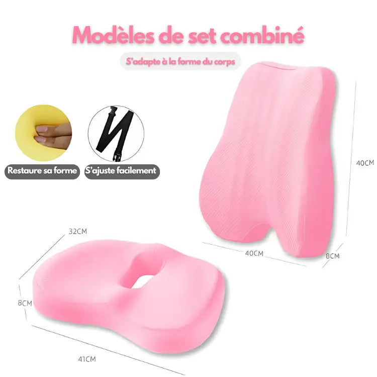 Ferns | Coussin Dossier et Siège Orthopédique Ensemble coussin rose (dossier + assise) assise avec bureau coccyx confort coussin design dique dossier douleurs ferns forme haute housse lavable lombaire lombaires maison moire mousse orthop posture pour prolong respirant soutien tissu toute utilisation voiture votre