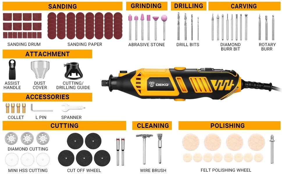 DEKO Kit Outil Rotatif DKRT170Y1 - Précision Multi-Matériaux - Vitesse Variable