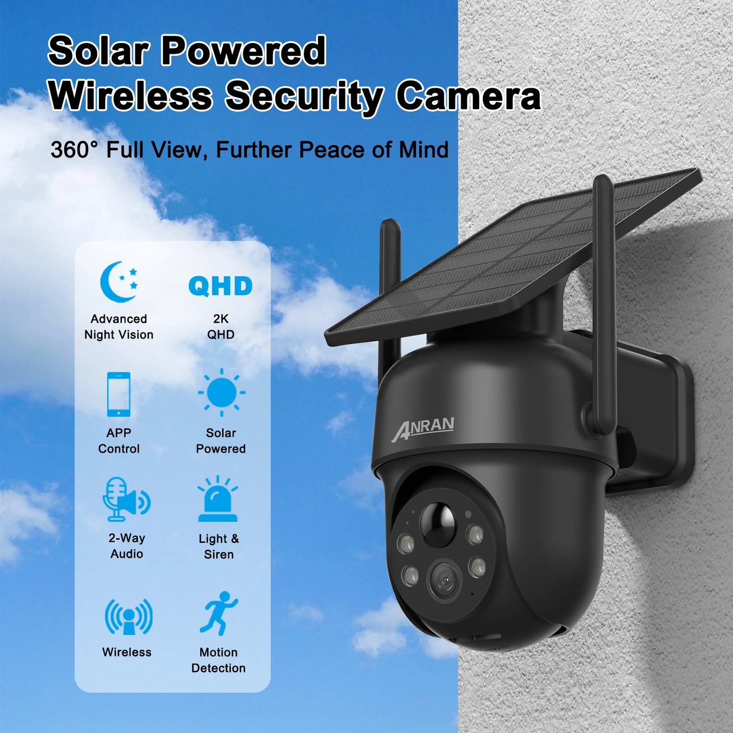 Caméra solaire extérieure Wi-Fi – 3 ou 5 MP, détection PIR