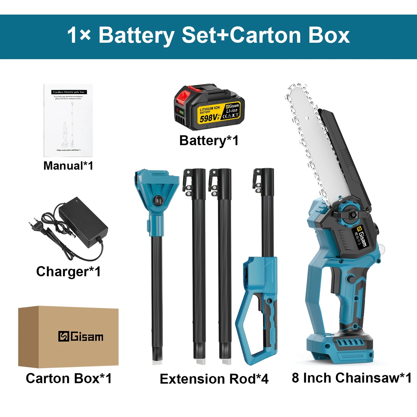 GISAM Tronçonneuse Télescopique 8 Pouces Coupe En Hauteur Compatible Makita 18V 1 batterie Allemagne