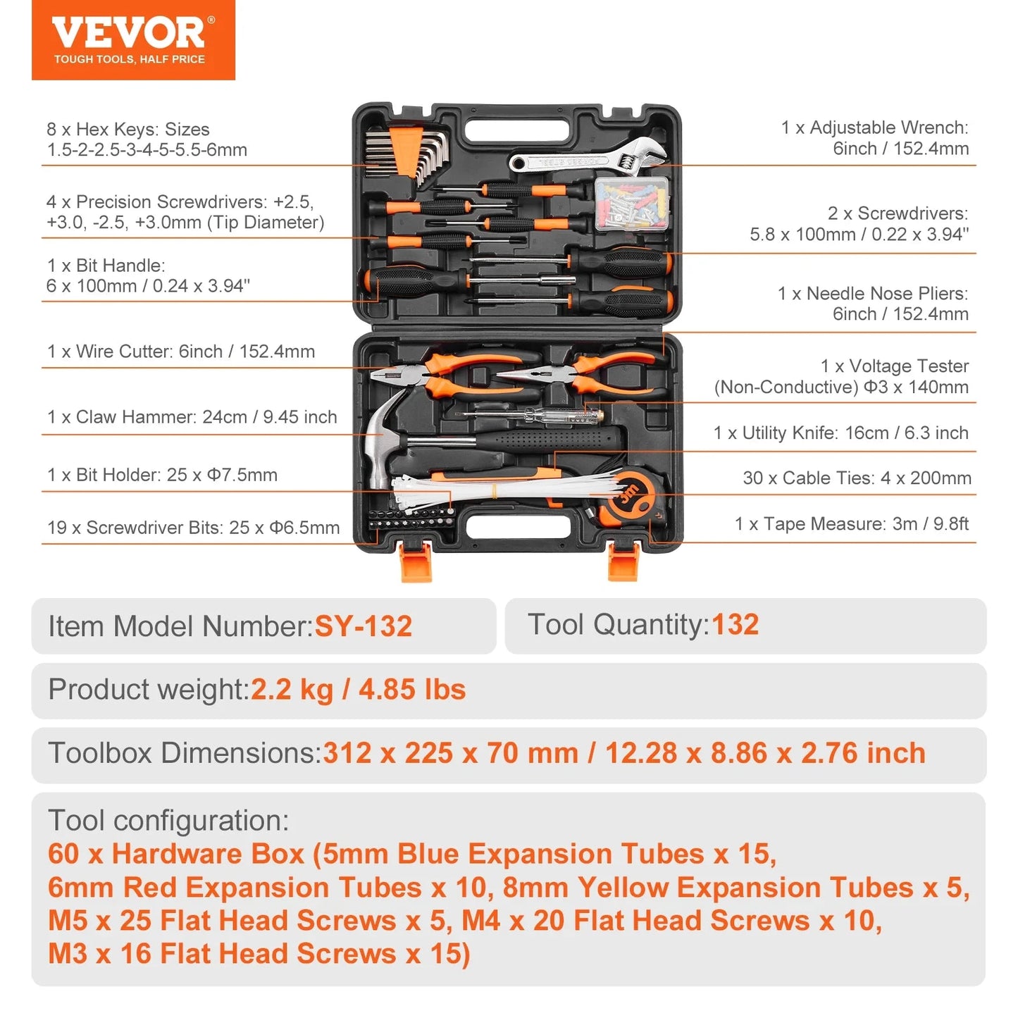 VEVOR Coffret Outils 216 Pièces - Réparations Rapides - Mallette Portable 132pcs Royaume-Uni