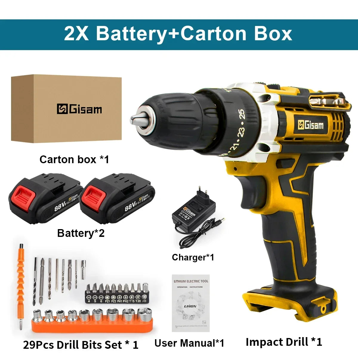 GISAM Perceuse-Visseuse Sans Fil 28 Nm - Gain De Temps - 2 Vitesses, 25+3 Allemagne Jaune | Carton | Box