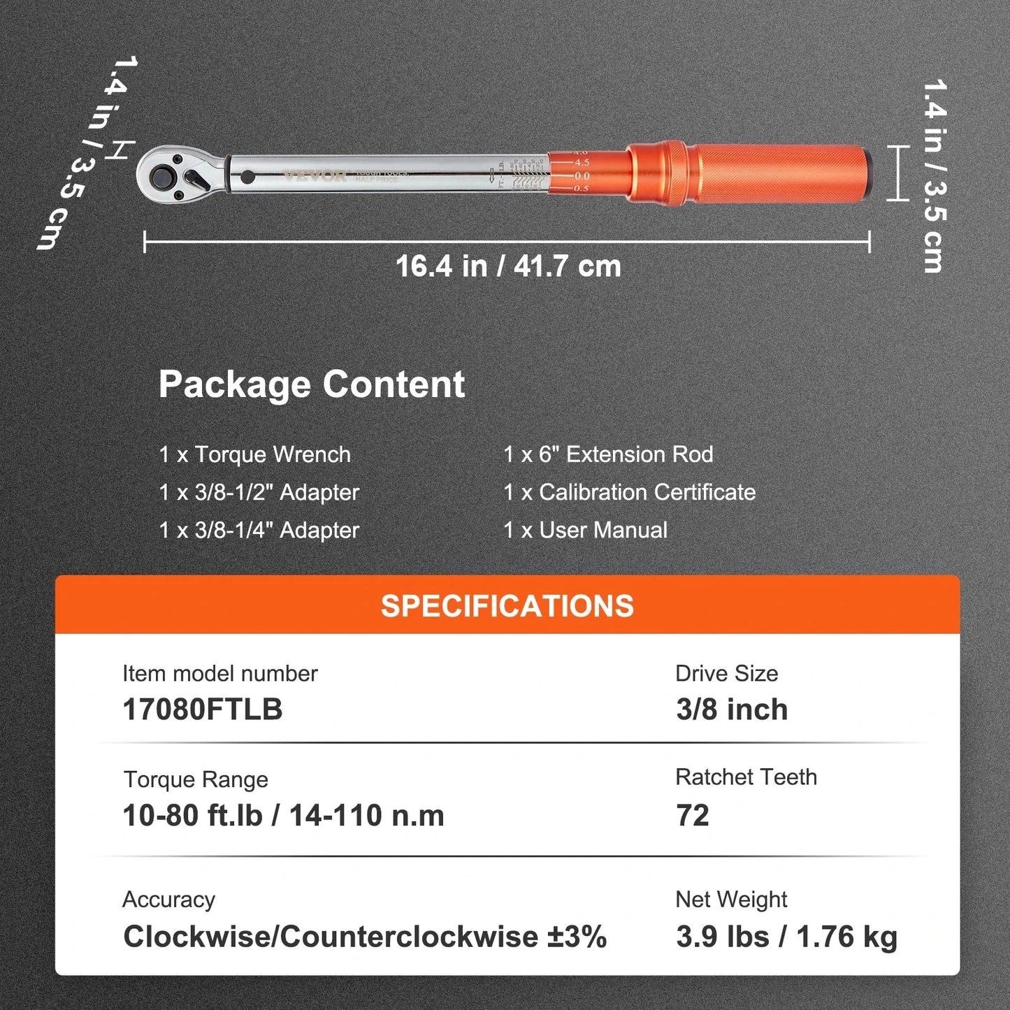 VEVOR Clé Dynamométrique 1 2 Pouce 34 340 Nm Serrage Précis Cliquet Réversible 41.7cm 10-80ft.lb États-unis