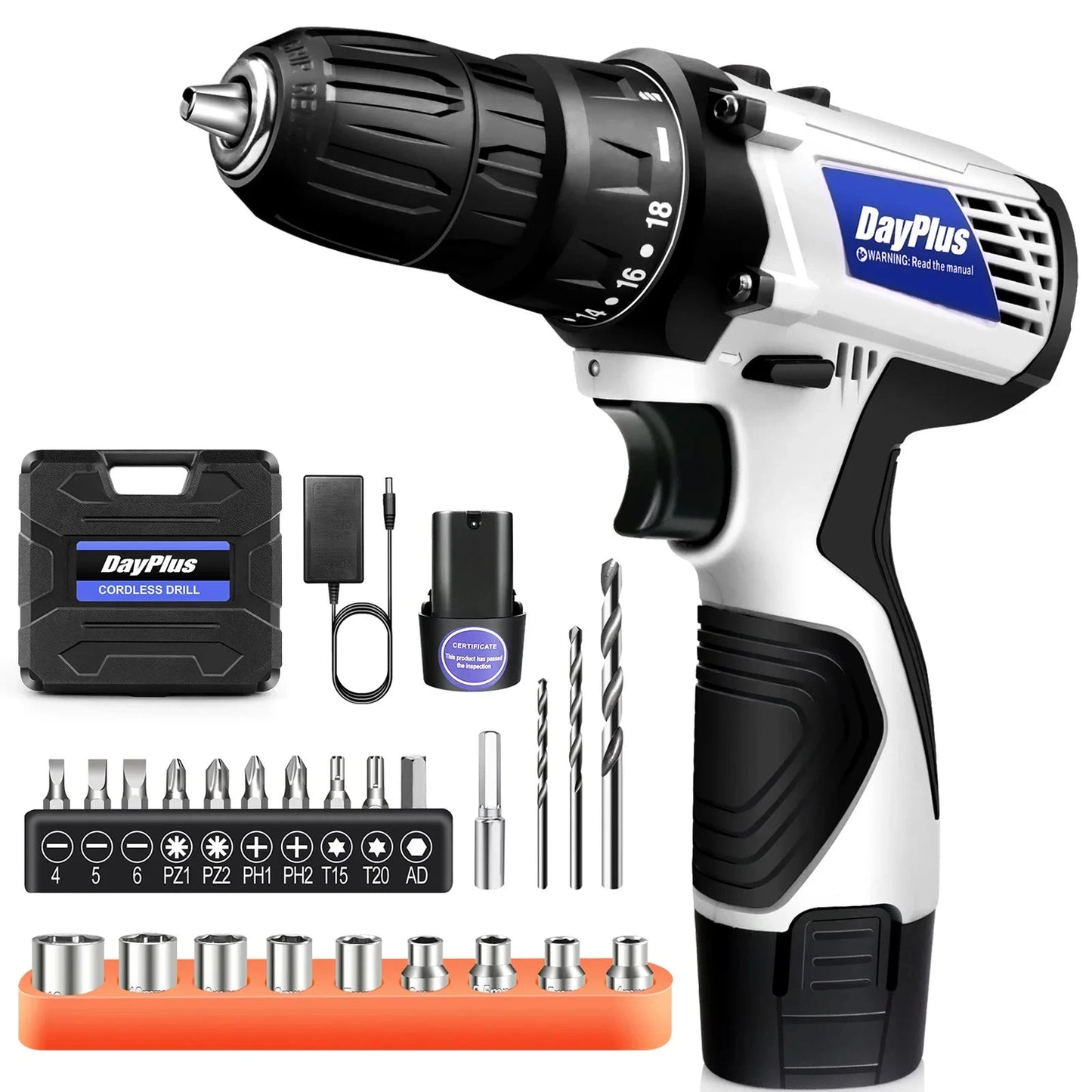 DayPlus Perceuse Visseuse 16.8V 45Nm Compacte LED Mandrin 10 mm 2 Vitesses 2 Batteries Royaume-Uni