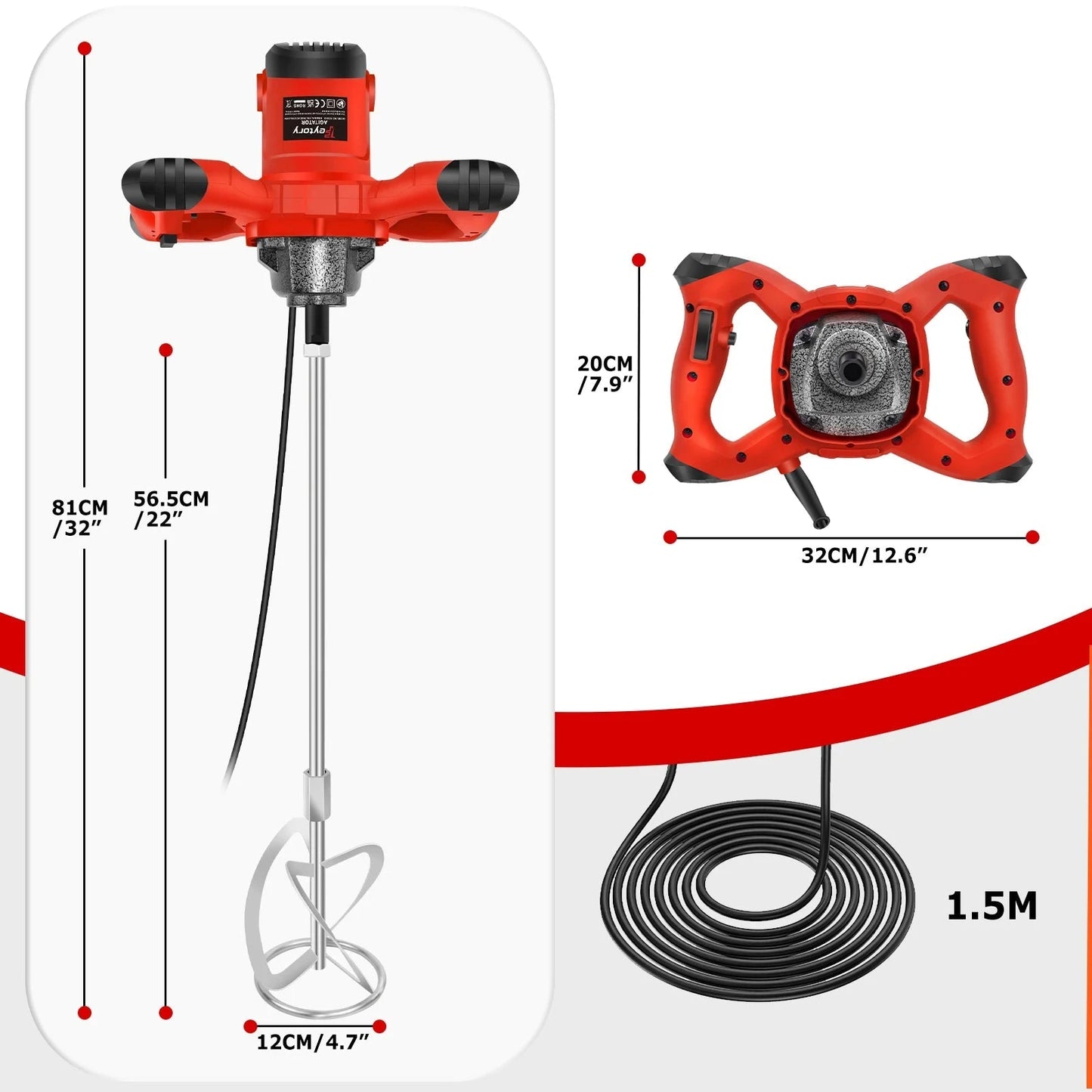 DayPlus Mélangeur 2600W Pro Mélange Rapide Homogène Axe M14 6 Vitesses Rouge
