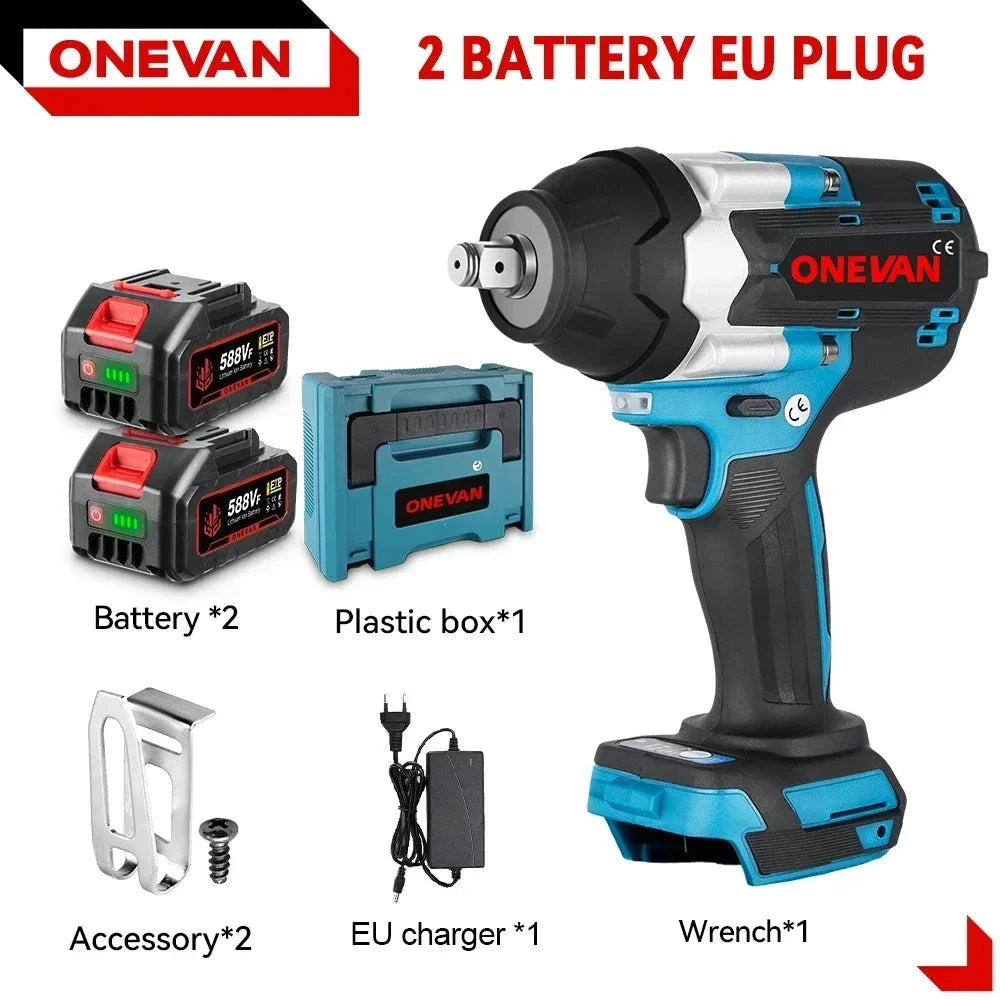 ONEVAN Clé À Chocs Brushless 1800 Nm 1/2 Pouce Compatible Makita 18V Royaume Uni 2 Batteries Plastic Box
