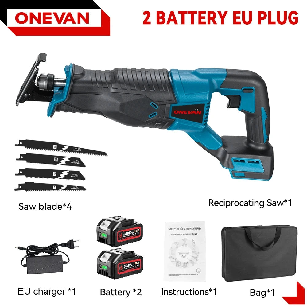 ONEVAN Scie Sabre Sans Fil 3000W 10000SPM Coupe Rapide Compatible Makita 18V 2 Batteries 1 chargeur EU Royaume Uni