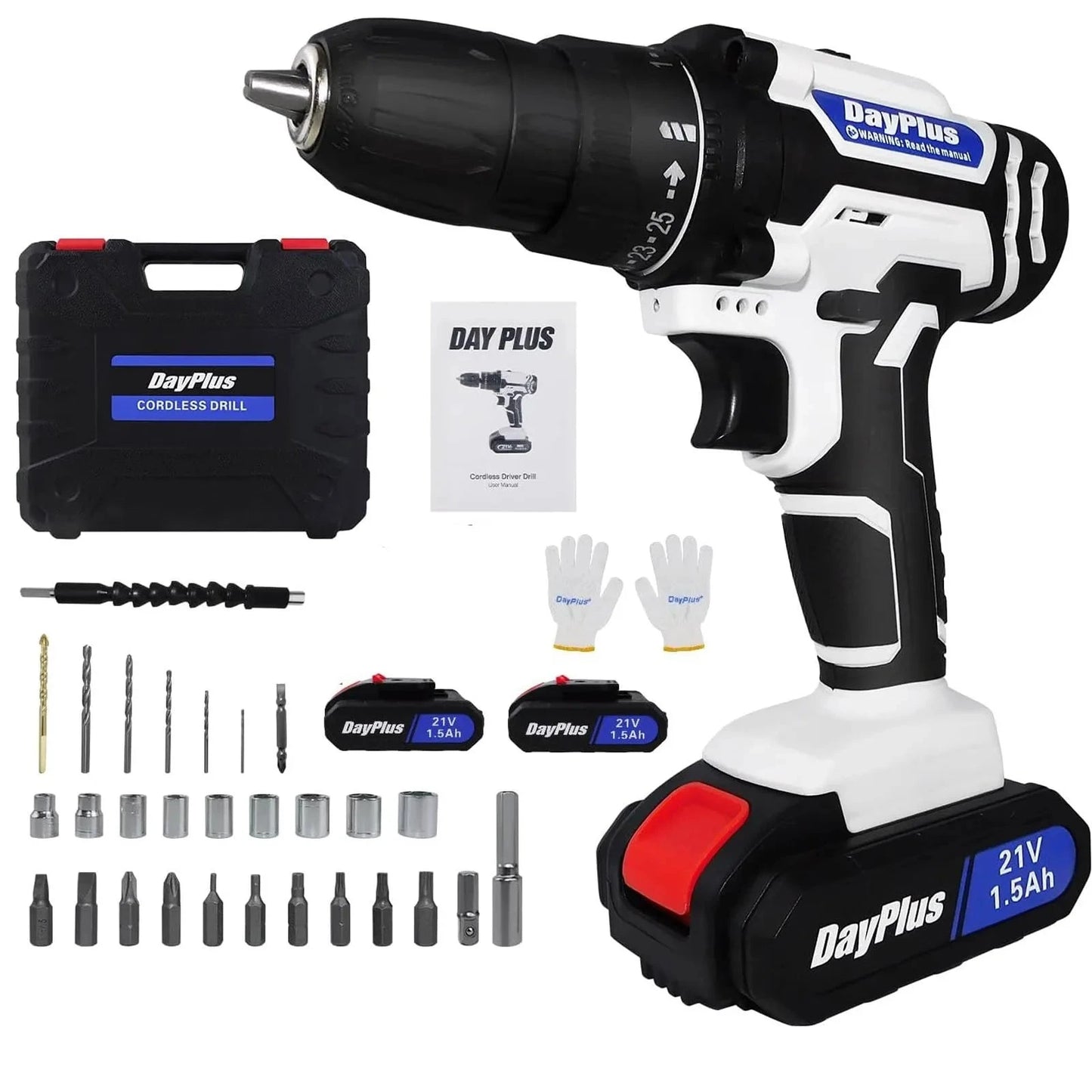 Perceuse À Percussion Sans Fil 21V Couple Élevé 2 Vitesses LED Drill 2 batteries blanches Royaume-Uni