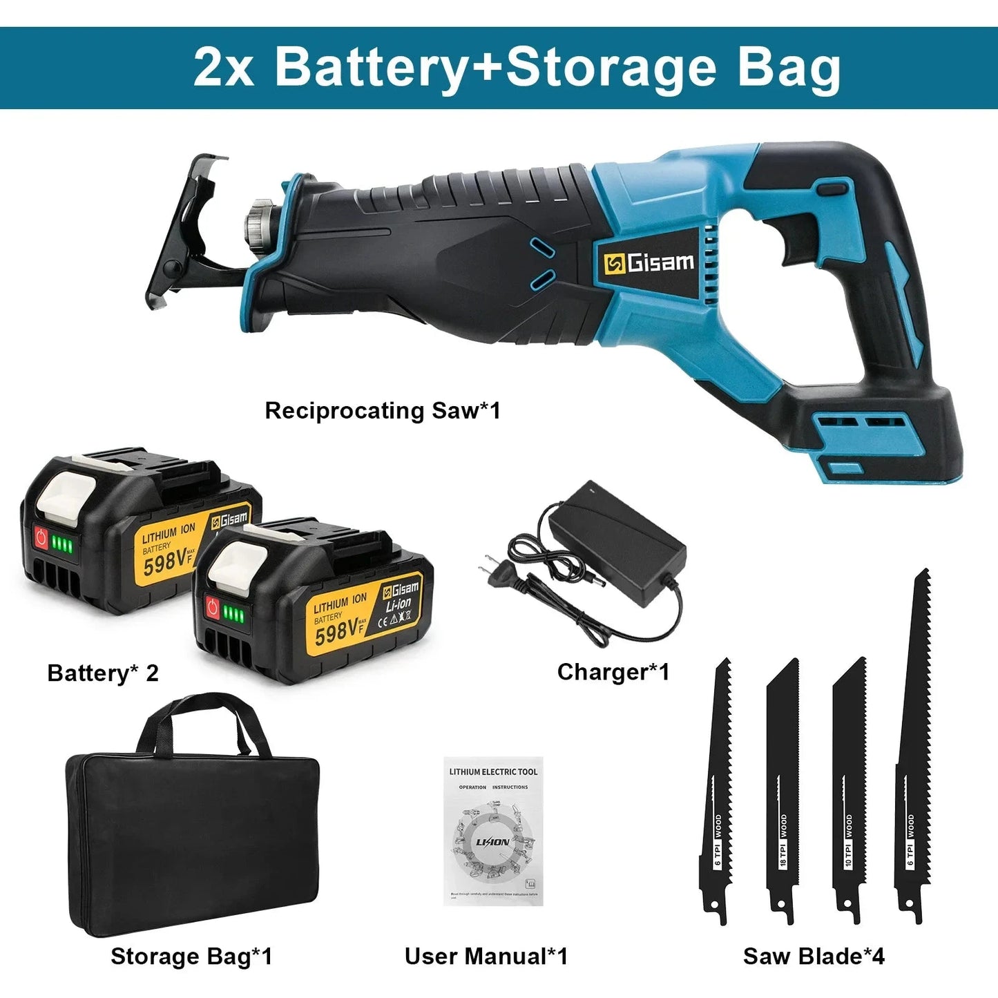 Gisam Scie Sabre 3000W 10000SPM Sans Fil - Coupe Rapide Compatible 18V Makita 2 Batteries Allemagne