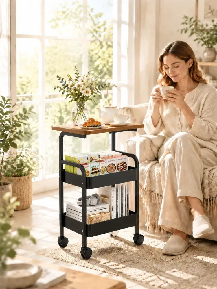 Chariot de rangement 3 niveaux avec plateau en bois – détail produit 9