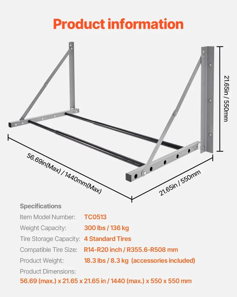 Support pneus mural réglable 81–122 cm – fixe ou pliable - Pliable / États-Unis - support pneus mural réglable