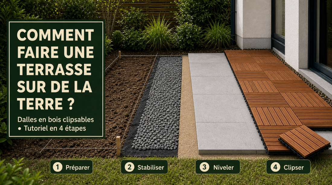 Comment faire une terasse sur de la terre avec des dalles en bois ?