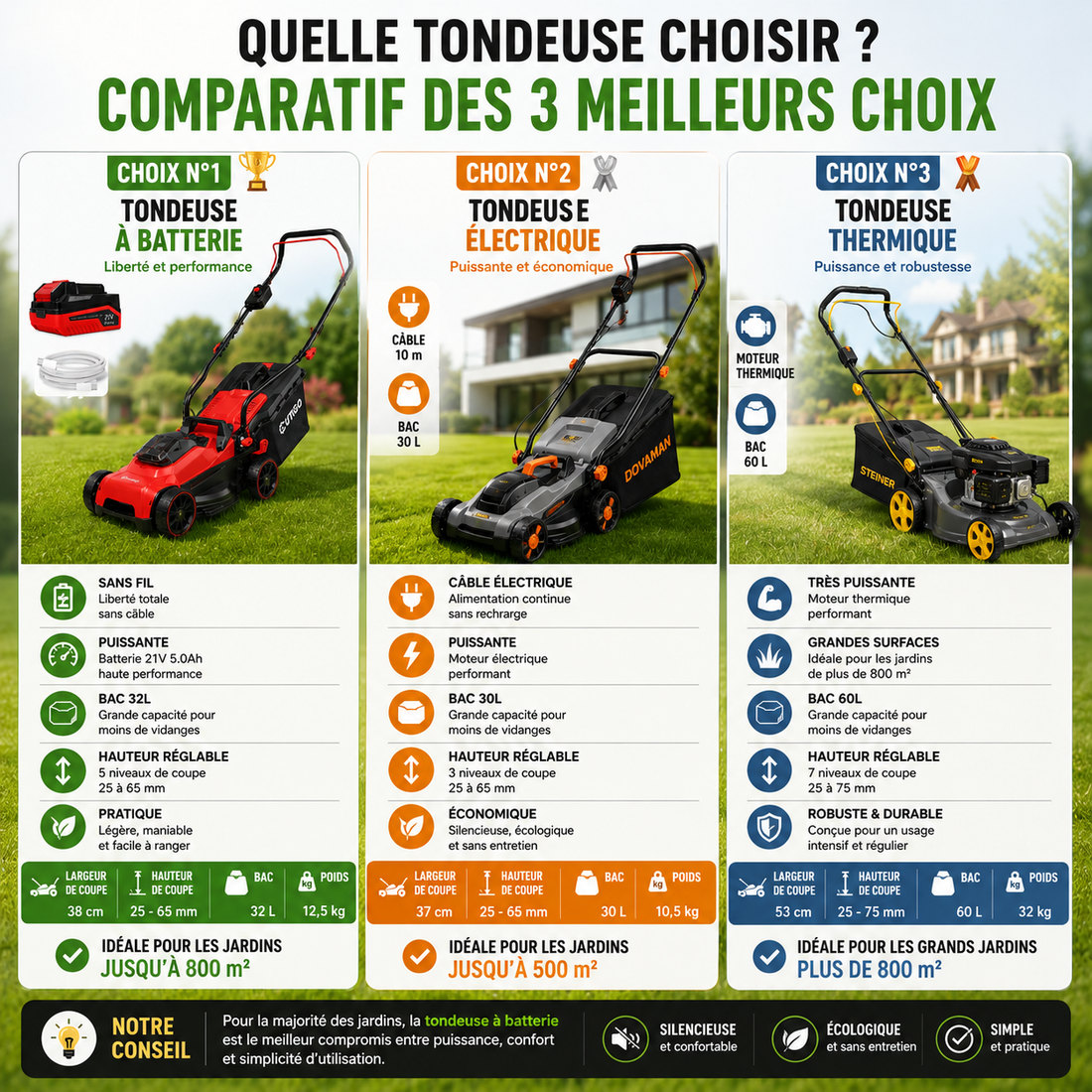 Quelle tondeuse à gazon choisir : électrique, thermique ou à batterie ?