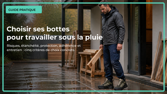 Travailleur équipé de bottes de sécurité sur un chantier résidentiel sous la pluie