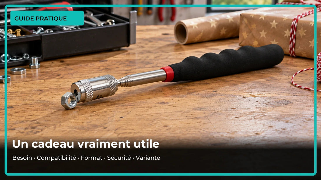 Ramasse-vis replié avec un petit écrou en contact avec sa tête aimantée