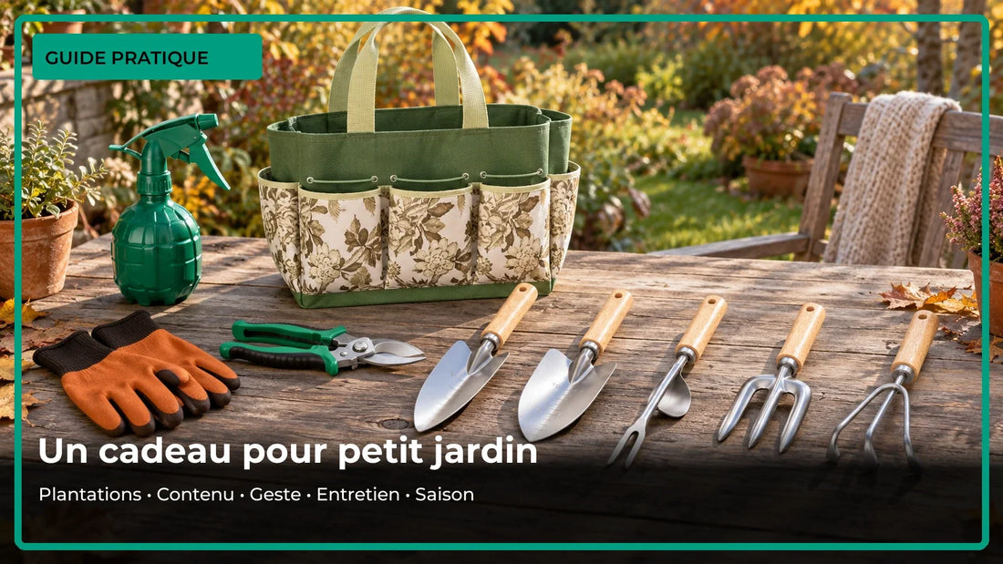 Outils de jardinage inox et bois près de petites jardinières dans un jardin français