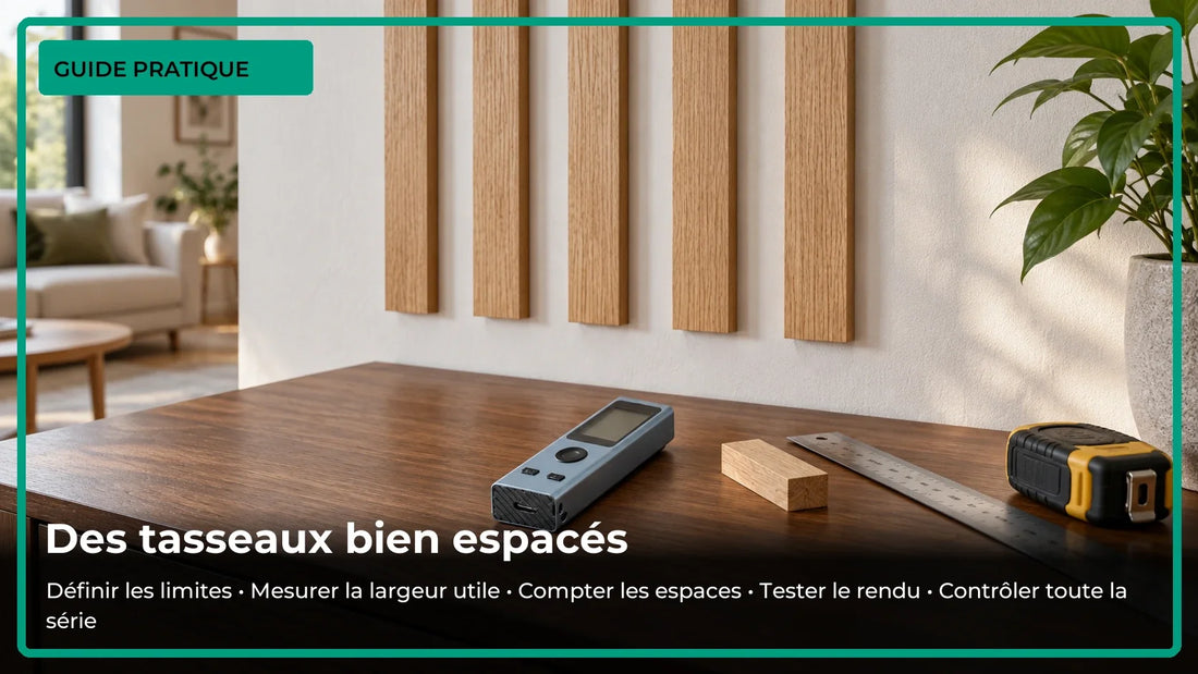 Tasseaux décoratifs régulièrement espacés au-dessus d’une console avec mini télémètre, règle et cale d’écartement.