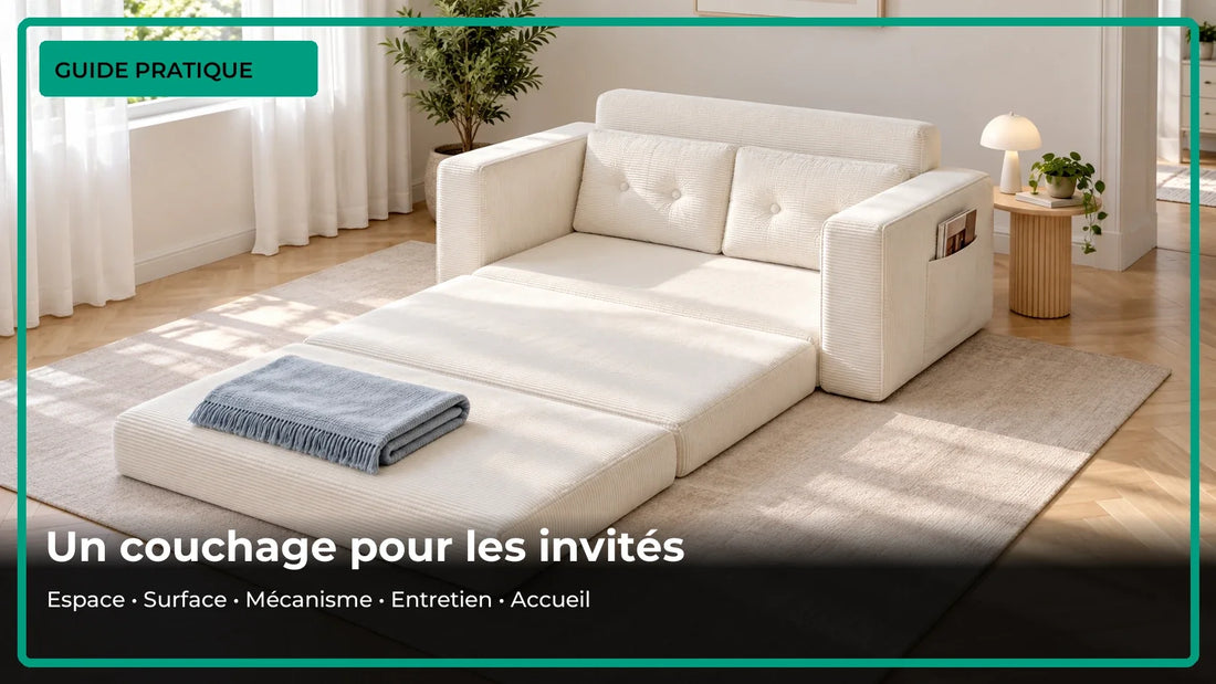 Canapé lit installé dans un salon avec une circulation dégagée.
