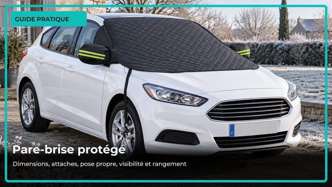 Voiture stationnée avec couverture antigivre ajustée à son pare-brise et contrôle des fixations