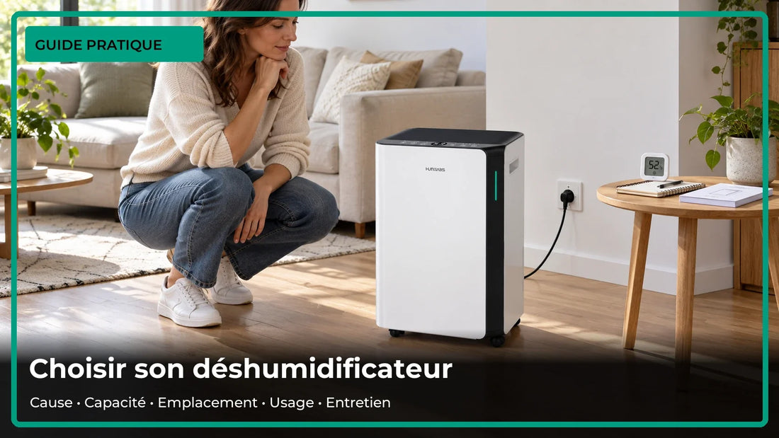 Déshumidificateur dans une pièce saine avec carnet et hygromètre.