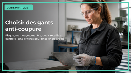 Professionnelle manipulant une petite tôle avec un gant anti-coupure en maille inox et des lunettes de protection