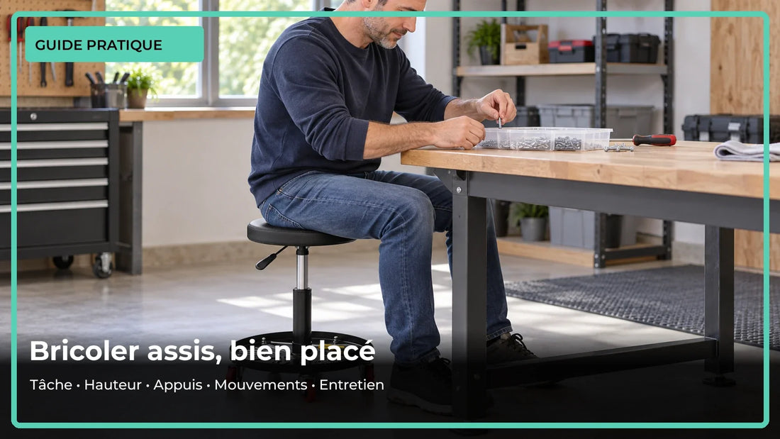 Tri de vis assis sur un tabouret réglable, avec pieds au sol et table accessible