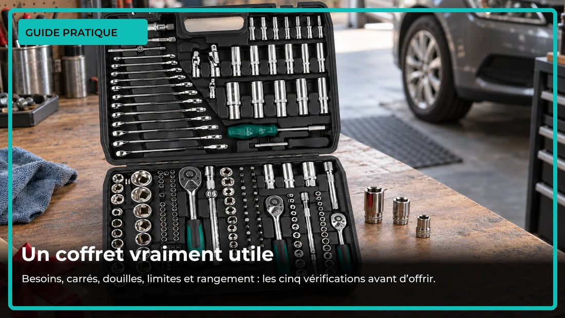 Coffret mécanique ouvert et trois cliquets présentés sur un établi de garage.