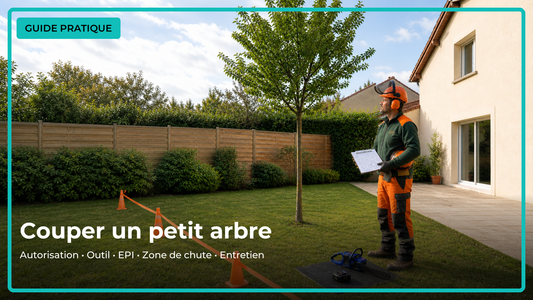 Guide pratique pour couper un petit arbre en sécurité avec EPI, tronçonneuse et zone balisée.