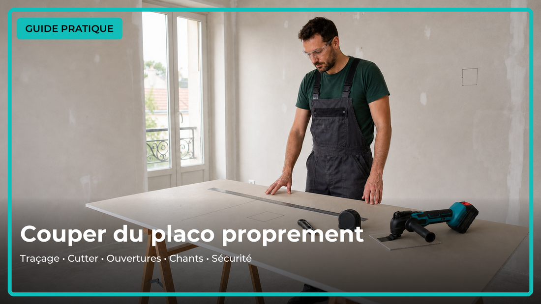 Guide montrant le traçage, la découpe et la finition propre d’une plaque de plâtre.