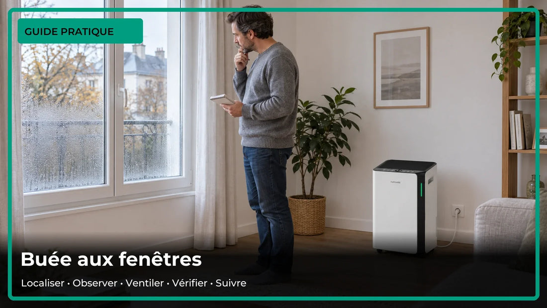 Fenêtre et déshumidificateur dans une pièce avec ventilation dégagée.