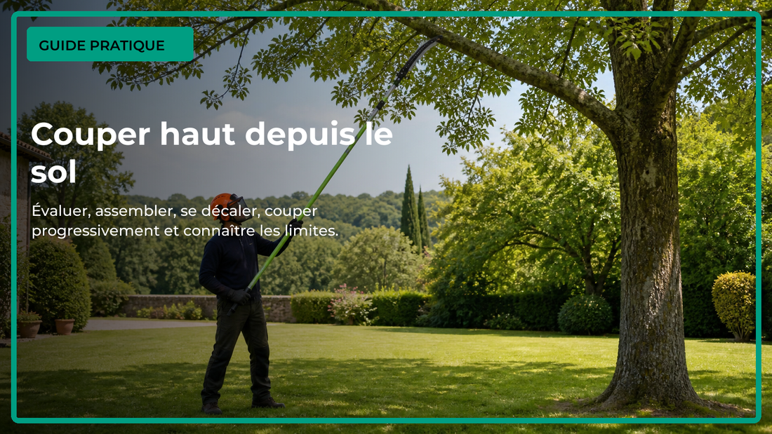 Élagage depuis le sol avec une longue scie manuelle sur perche et une zone de travail dégagée