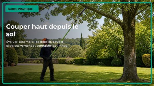 Élagage depuis le sol avec une longue scie manuelle sur perche et une zone de travail dégagée