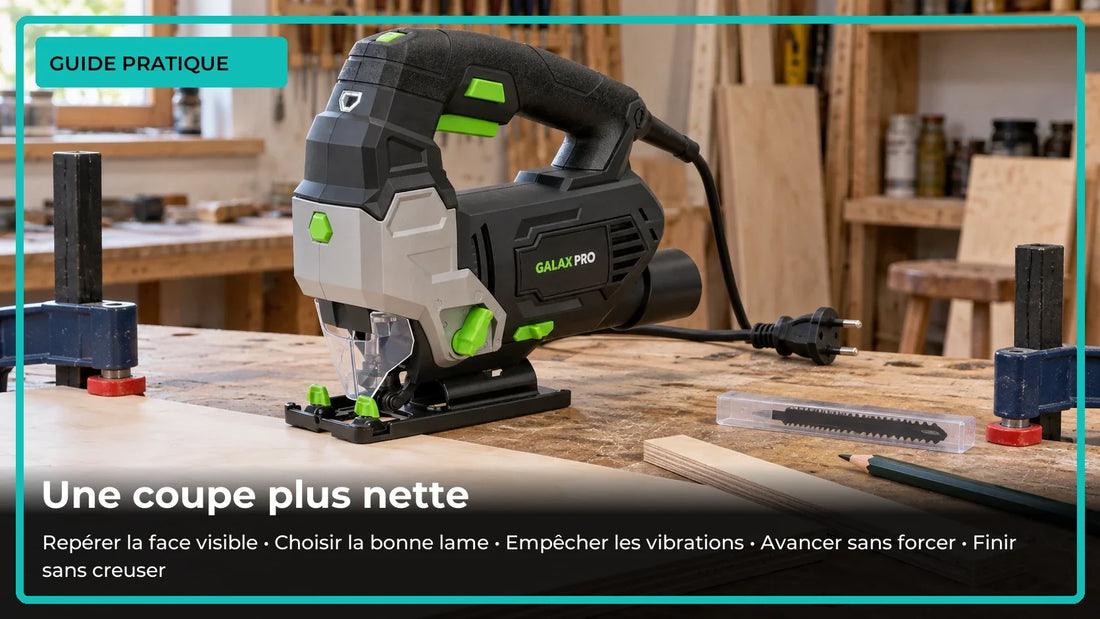Scie sauteuse GALAX PRO débranchée, contreplaqué, lames et serre-joints pour préparer une coupe propre.