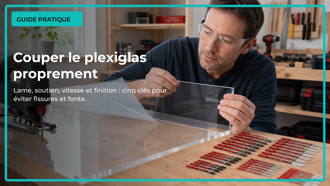 Contrôle d’un chant de plexiglas découpé près d’une scie sauteuse et d’un assortiment de lames