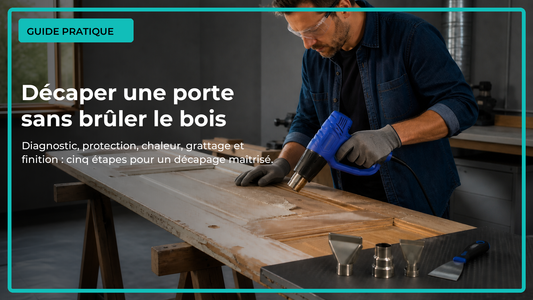 Décapage progressif d’une porte en bois avec un décapeur thermique dans un atelier ventilé