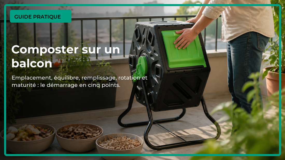 Composteur rotatif compact entouré de matières brunes et de déchets végétaux sur un balcon