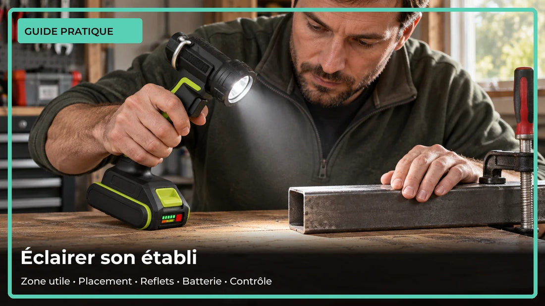 Établi de garage éclairé avec une lampe LED latérale et une zone de travail dégagée
