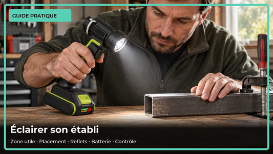Établi de garage éclairé avec une lampe LED latérale et une zone de travail dégagée