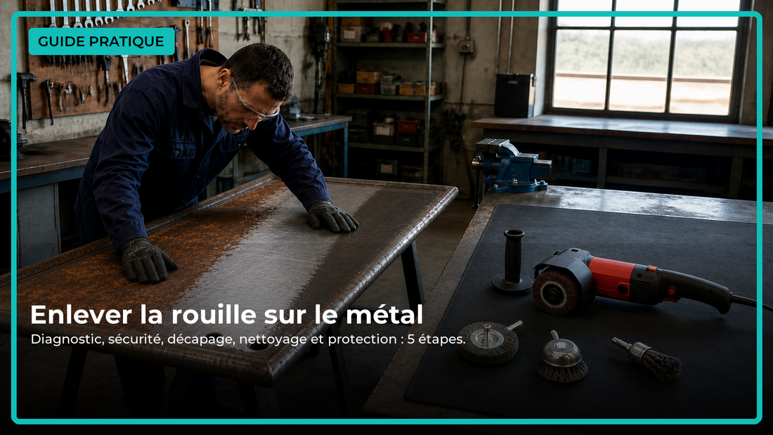Guide antirouille avec brosse de polissage et brosses IronPro intégrées à une scène d’atelier réaliste