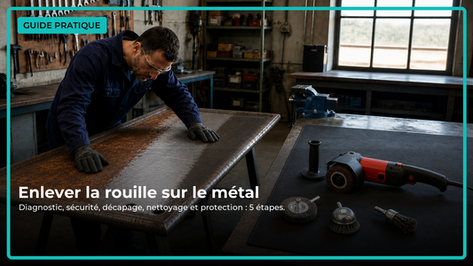 Guide antirouille avec brosse de polissage et brosses IronPro intégrées à une scène d’atelier réaliste