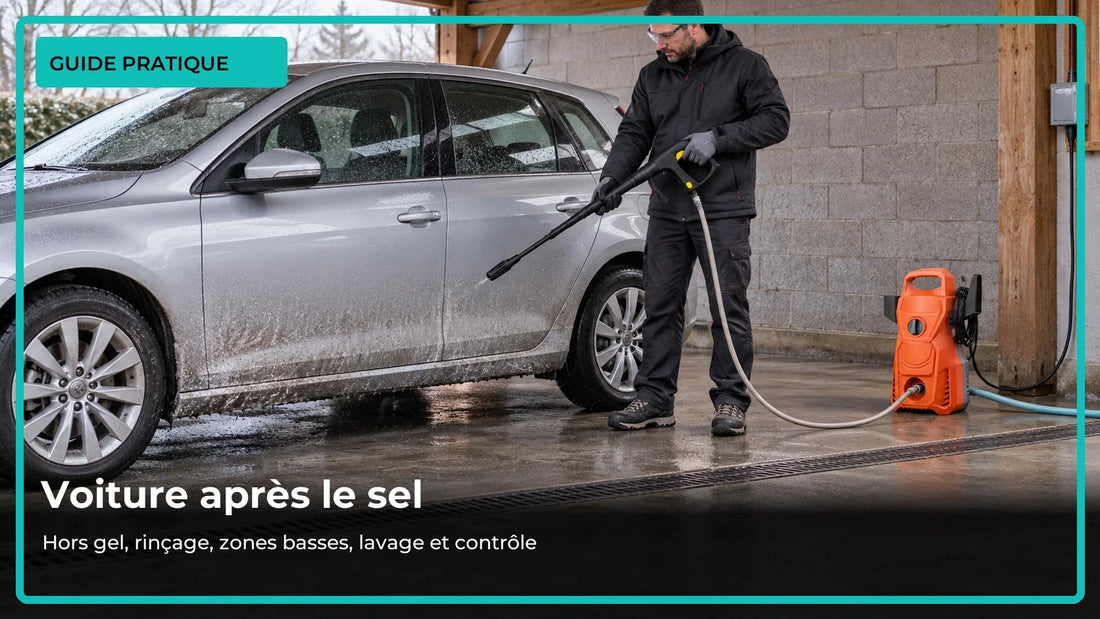 Rinçage hivernal raisonné d’une voiture après circulation sur une route salée