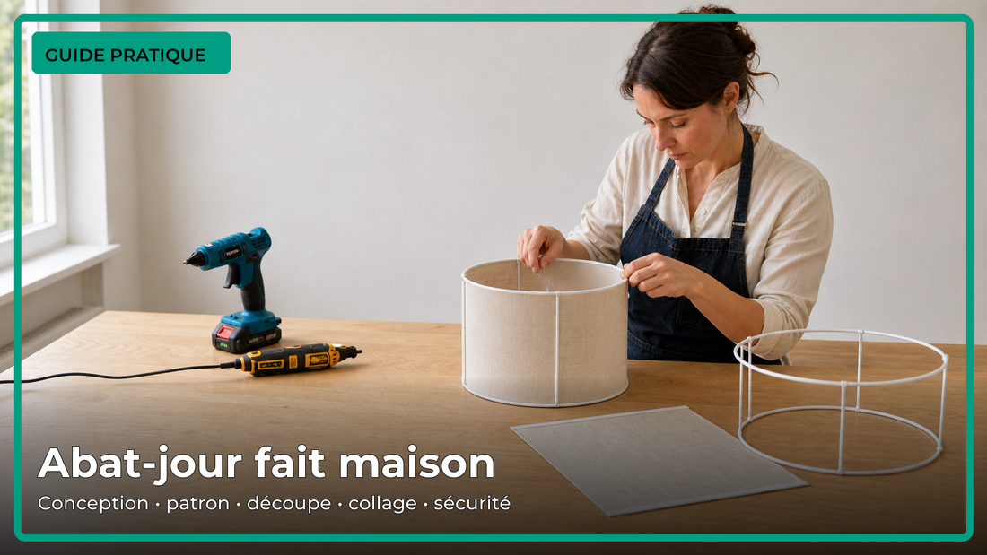 Atelier de fabrication d’un abat-jour avec carcasse, tissu, outil rotatif et pistolet à colle