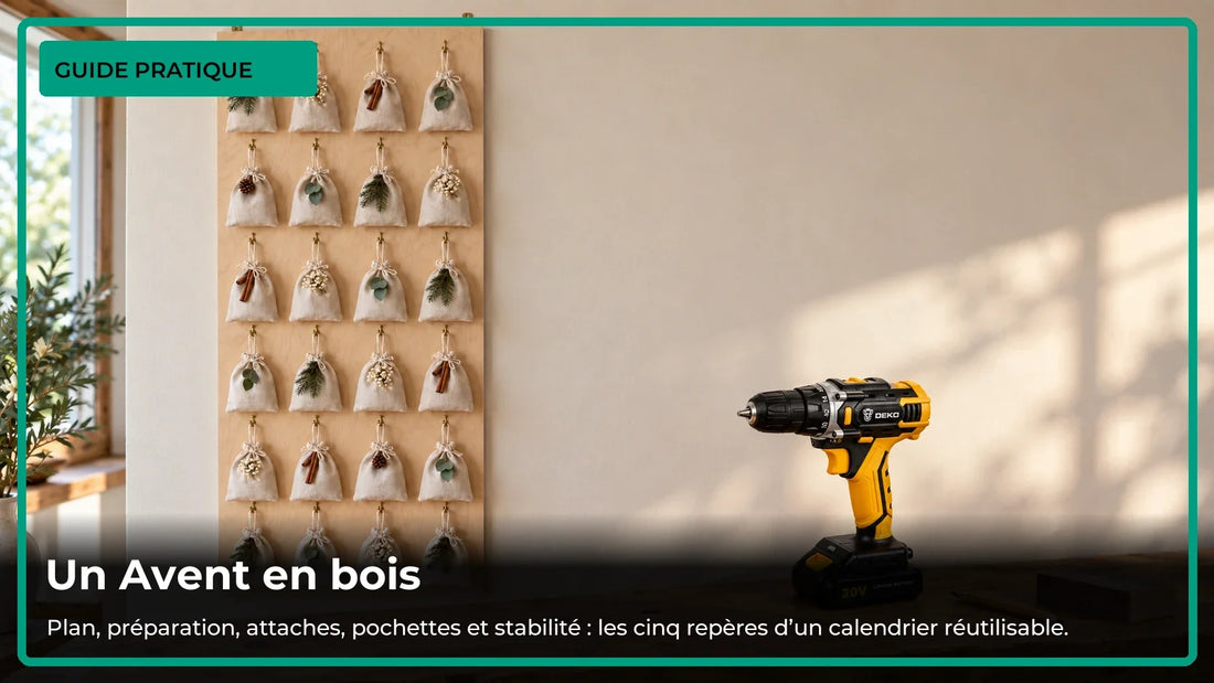 Calendrier de l’Avent en bois et matériel de préparation sur un établi rangé.