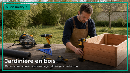 Fabrication réaliste d’une jardinière en bois avec outils de traçage, coupe, serrage et vissage
