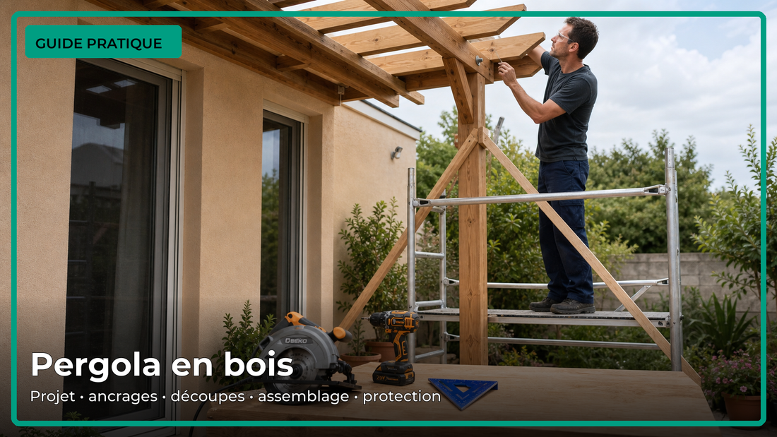 Construction réaliste d’une pergola en bois avec outils de mesure, coupe et vissage