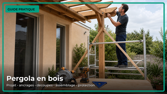 Construction réaliste d’une pergola en bois avec outils de mesure, coupe et vissage