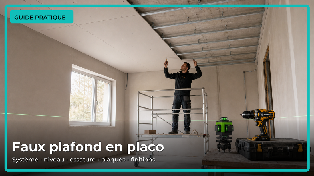Chantier réaliste de faux plafond avec niveau laser, ossature métallique et plaques de plâtre